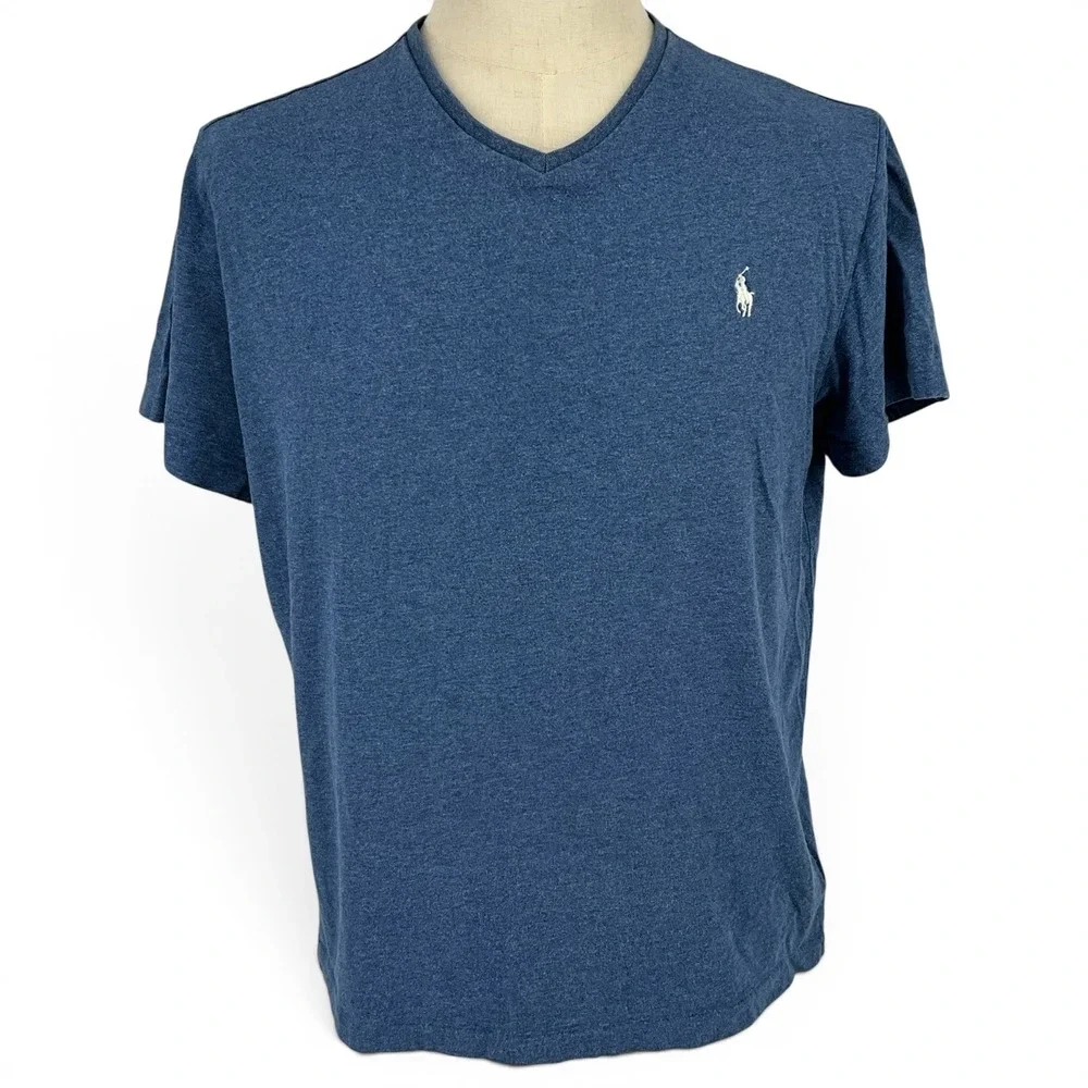 Polo Ralph Lauren Mens V-Neck‎ T-Shirt Blue Heather Cotton Pony Logo Large